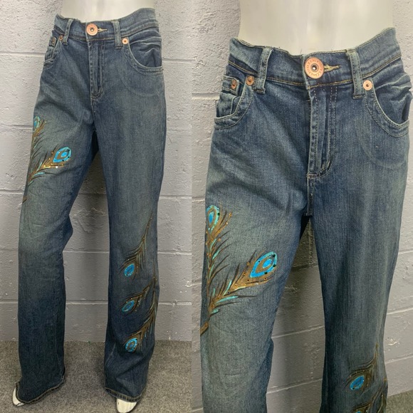 Z. Cavaricci Authentic Vintage Painted Rhinestone Peacock Jeans Mid Rise Size 10 - Picture 1 of 14